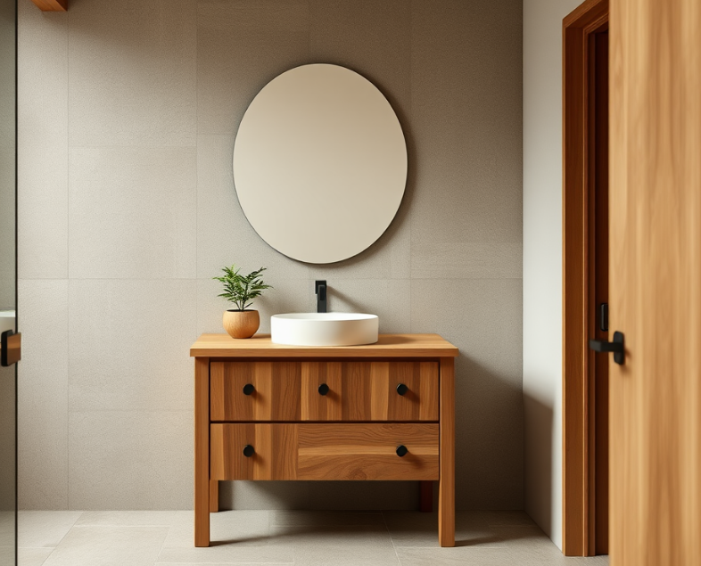 A minimalist bathroom with a wooden vanity, natural stone tiles, and a small potted plant.