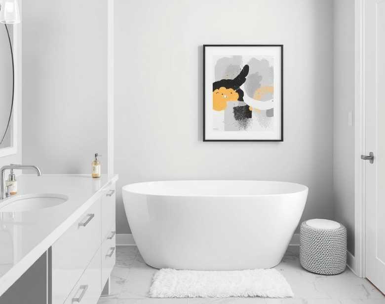 A minimalist bathroom with simple decor, including abstract art, a soap dispenser, and a white rug.
