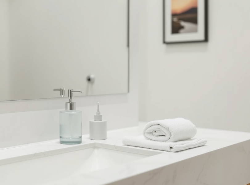 A clutter-free minimalist bathroom countertop with essential items and a sleek mirror.