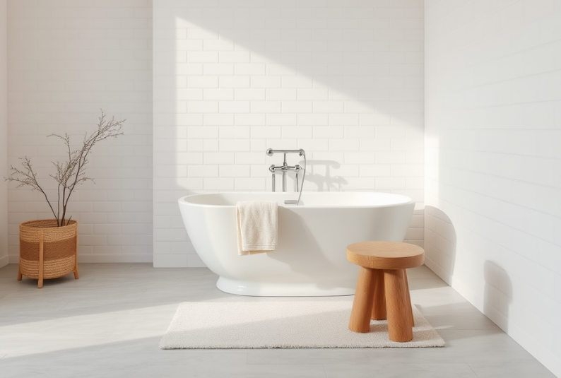 A calming bathroom with white walls, gray tiles, and beige accents, featuring a bathtub and wooden stool.