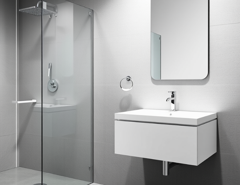 A modern bathroom with a wall-mounted faucet, floating vanity, and frameless glass shower.