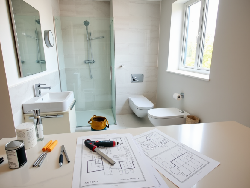 A modern bathroom renovation in progress in a Cork home, showing layout plans and materials.