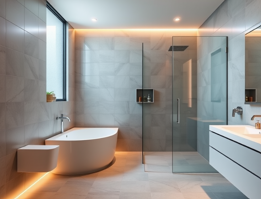 Contemporary bathroom remodel in Cork showcasing heated tiled flooring.