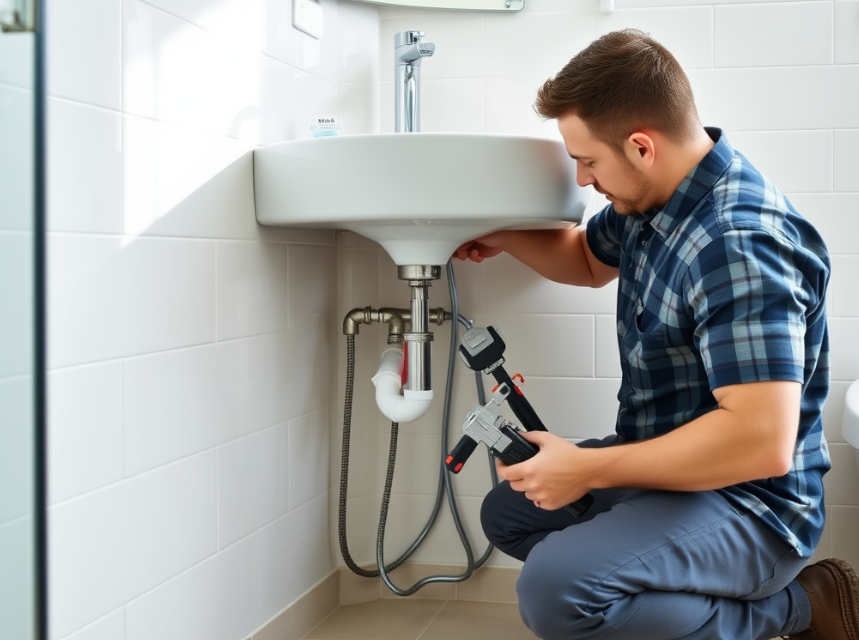 Professional plumber inspecting bathroom plumbing in a modern Cork home.