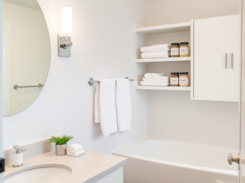 A modern minimalist bathroom with clean counters, organized storage, and neatly folded towels.