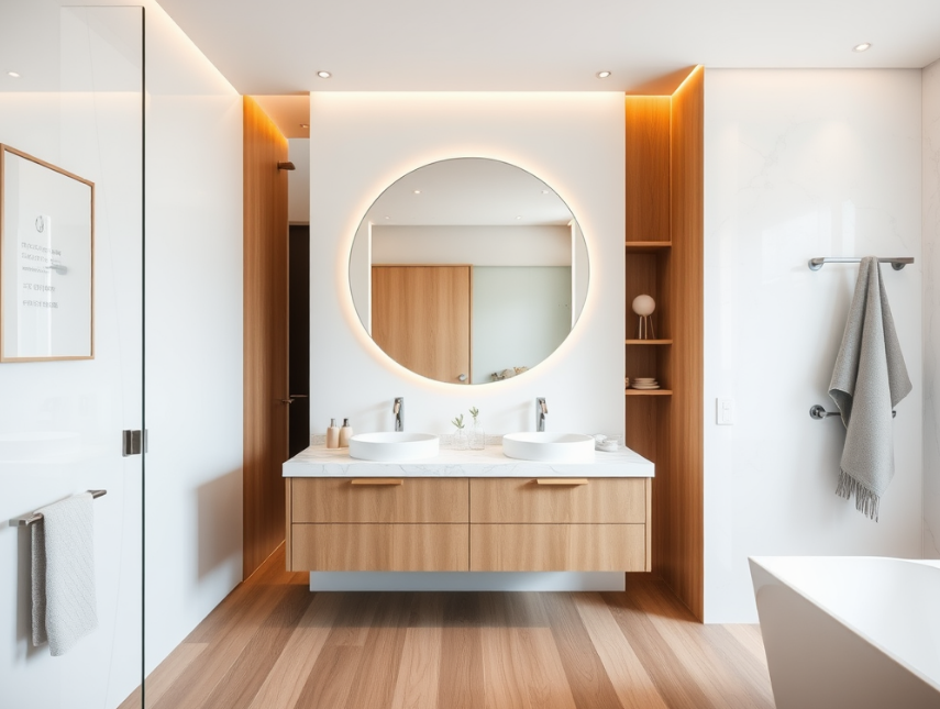Modern bathroom with floating double vanity, quartz top, and ambient lighting.