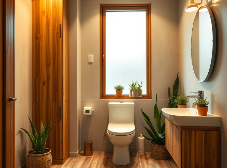 Eco-friendly bathroom with bamboo cabinetry, dual-flush toilet, indoor plants, and natural lighting.