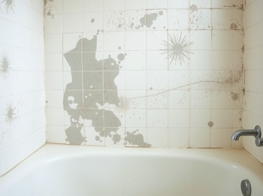 Mold and moisture damage in a bathroom due to poor sealant.
