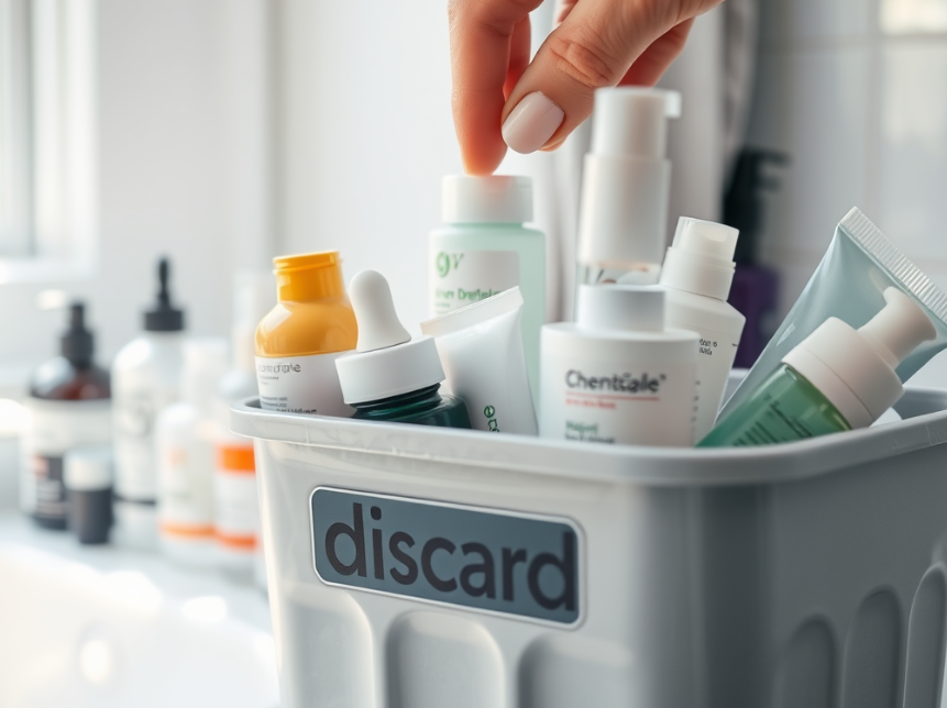 Expired beauty products being thrown into a bathroom bin labeled discard.