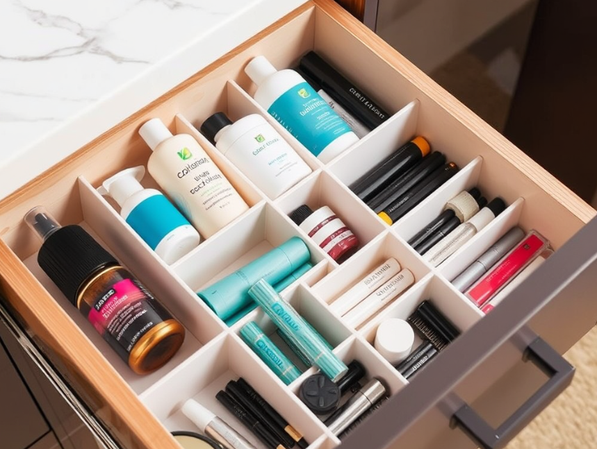 Bathroom drawer with dividers separating hair, dental, and beauty products.
