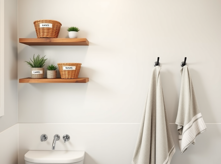 Bathroom wall with floating shelves and hooks used for storage and hanging towels.