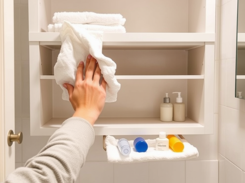 Person cleaning an empty bathroom shelf with scattered toiletries on a towel.