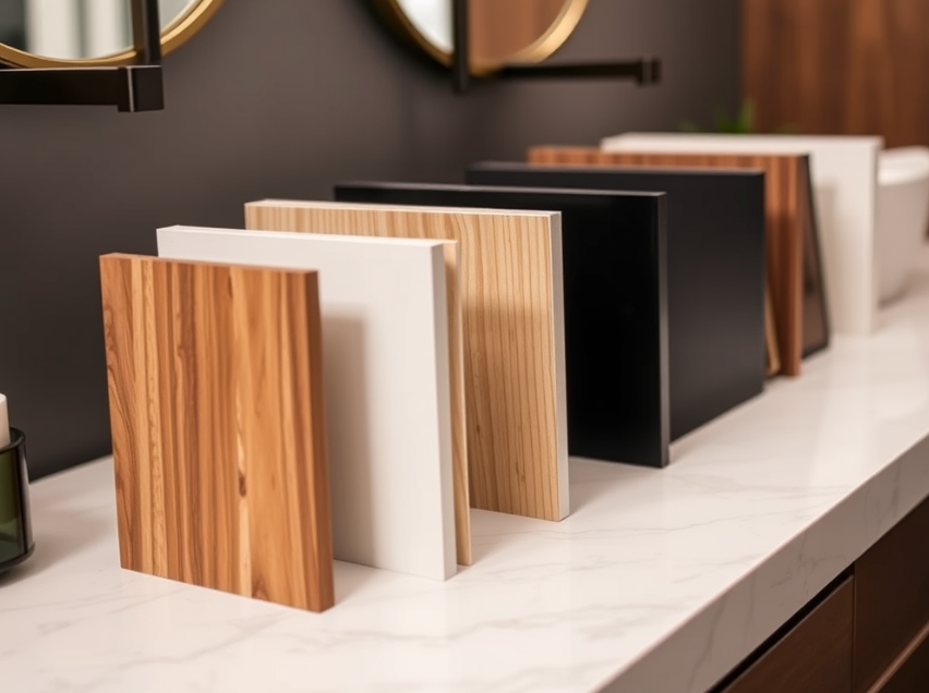 Material samples for bathroom vanities including wood and quartz.