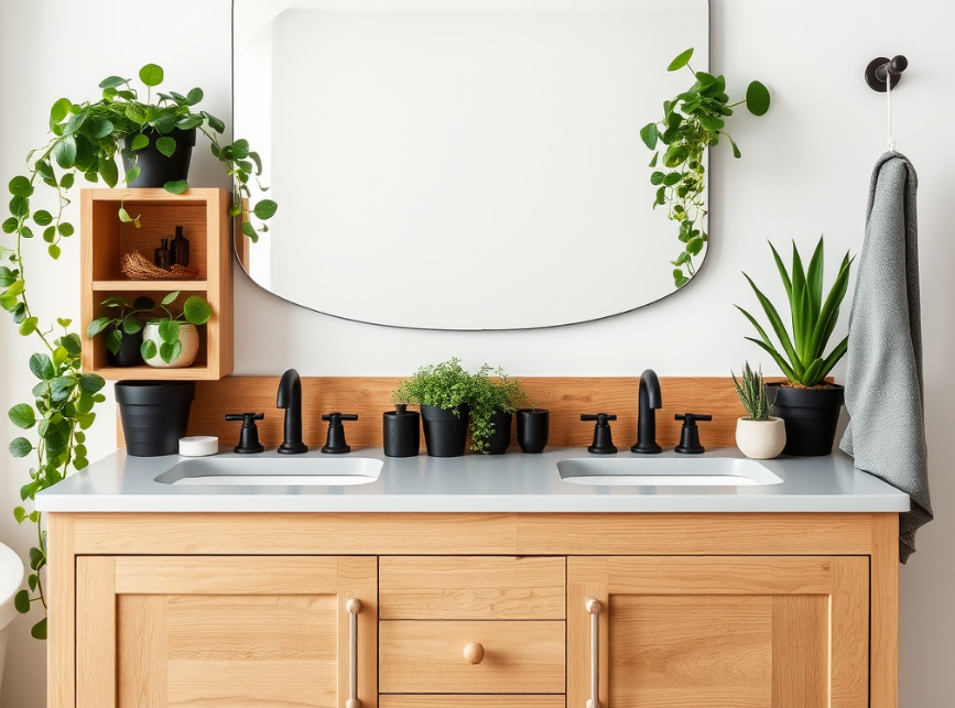 Trending bathroom vanity with natural wood and spa-inspired elements.
