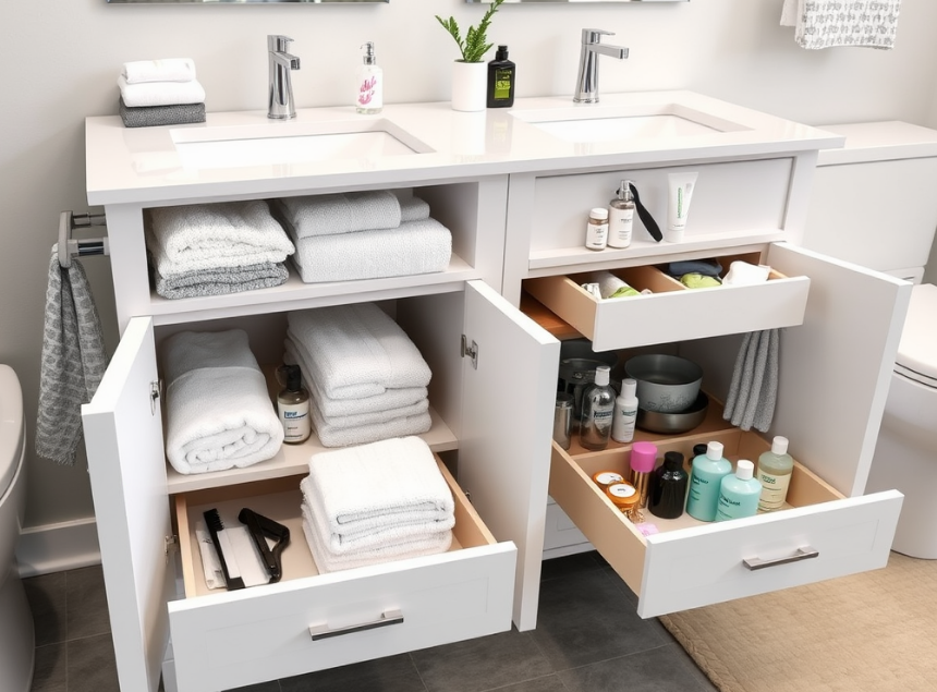 Organized bathroom vanity with storage for towels, skincare, and cleaning supplies.
