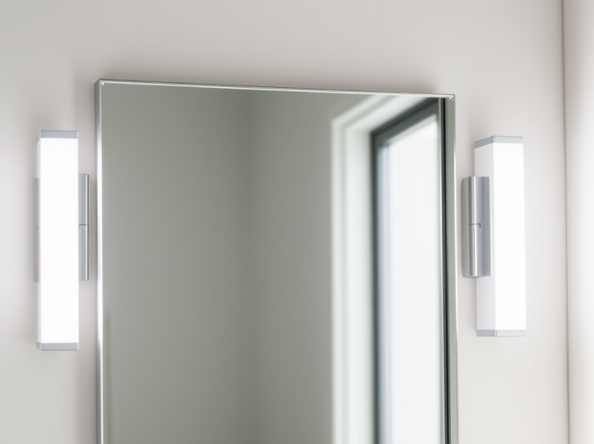 Bathroom mirror with vertical side lighting to eliminate shadows.