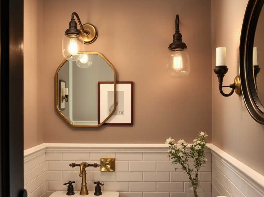 Stylish bathroom lighting with brass or black fixtures in a modern setting.