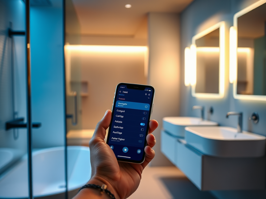 Person using a smartphone to control smart lighting in a modern bathroom.