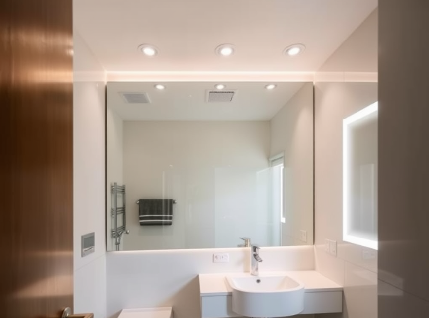 Small bathroom with backlit mirror and recessed lights creating a bright, open feel.
