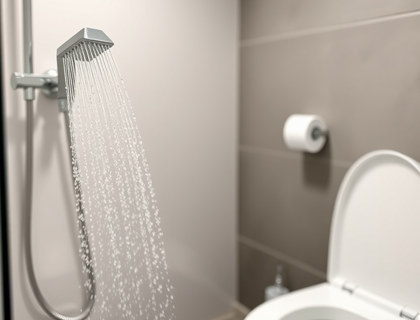 Modern bathroom featuring a water-saving showerhead and dual-flush toilet.
