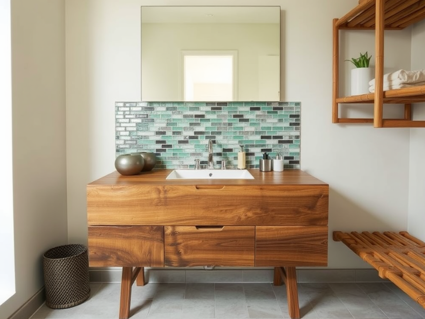Eco-conscious bathroom using reclaimed wood, recycled glass tiles, and bamboo shelving.