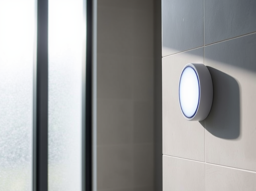 Bathroom with energy-efficient LED lighting, motion sensor, and natural sunlight.