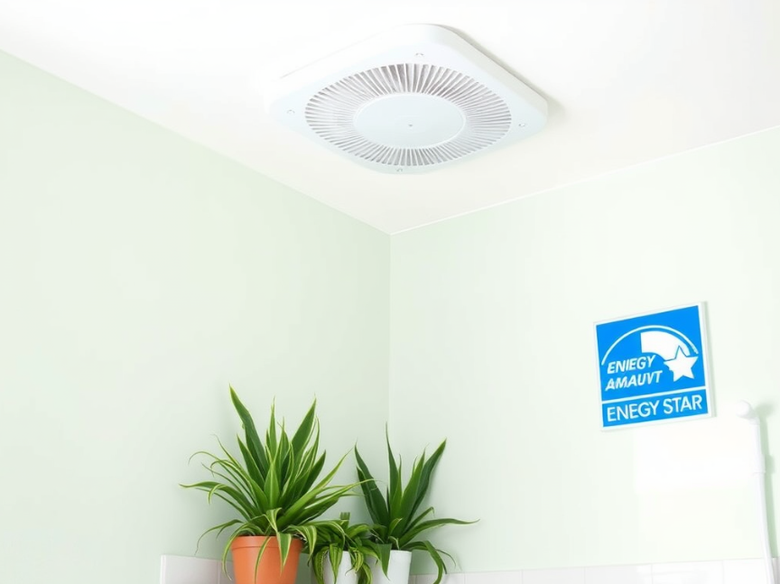 Green bathroom with low-VOC paint, efficient ventilation fan, and air-purifying plants.