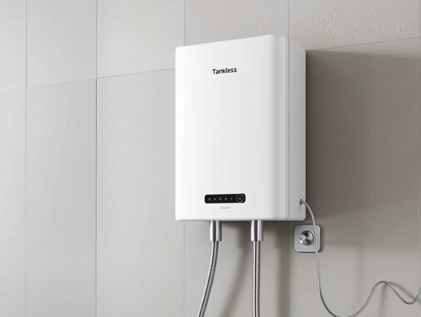 Tankless water heater installed in a modern eco-friendly bathroom.