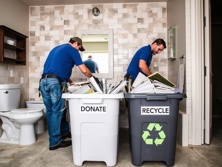 Eco-conscious bathroom remodel with contractors sorting materials for donation and recycling.