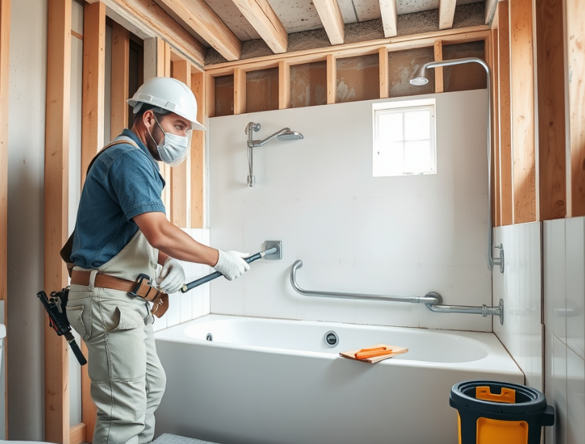 Contractor installing mold-resistant backing during a Cork bathroom renovation.