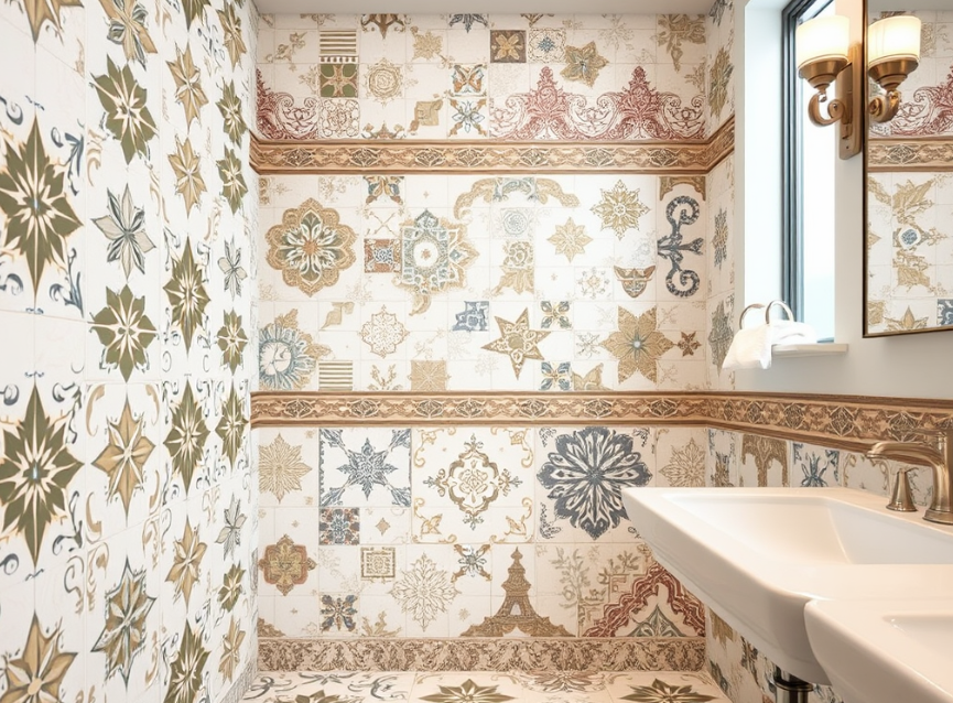 Detailed view of ceramic and porcelain bathroom floor tiles in neutral tones.