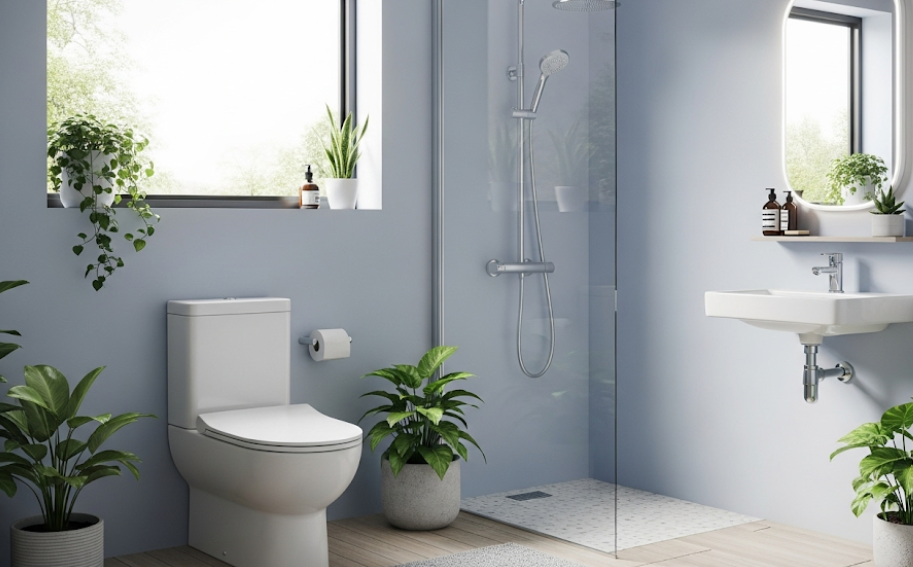 Modern eco-friendly bathroom with water-efficient fixtures including a dual-flush toilet and low-flow showerhead.