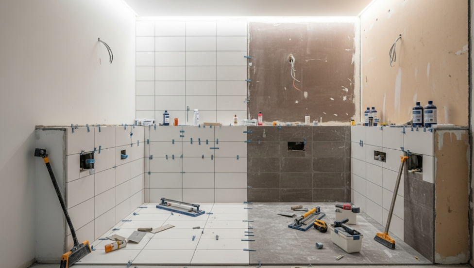 Modern bathroom during tile installation with visible tools and half-completed wall tiles.