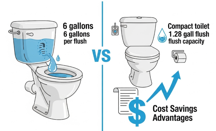 Comparison of traditional toilet and water-efficient toilet with gallons used per flush and cost savings.
