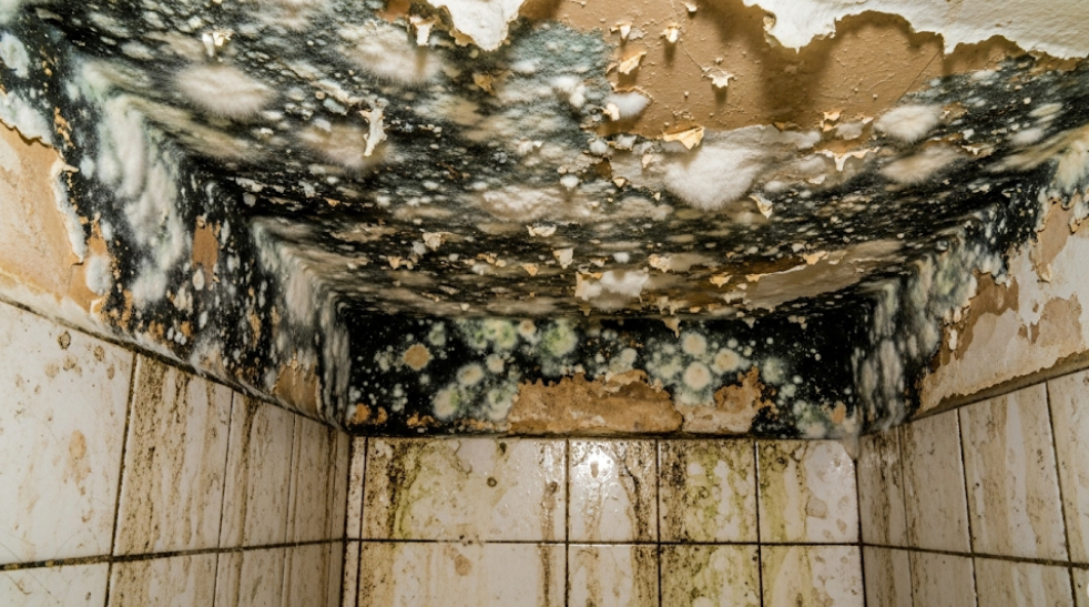 Mold and mildew growth on bathroom ceiling due to poor ventilation.