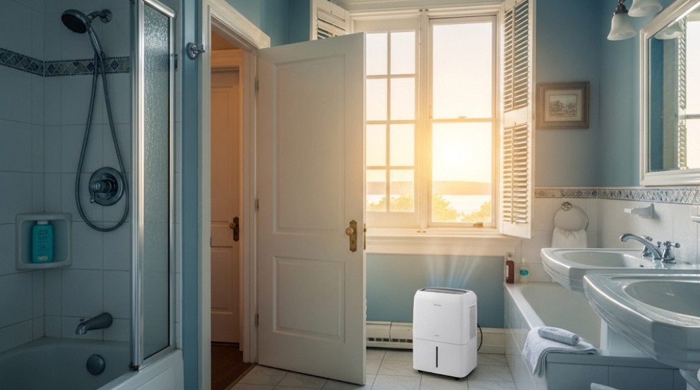 Open window and dehumidifier used to improve bathroom ventilation.
