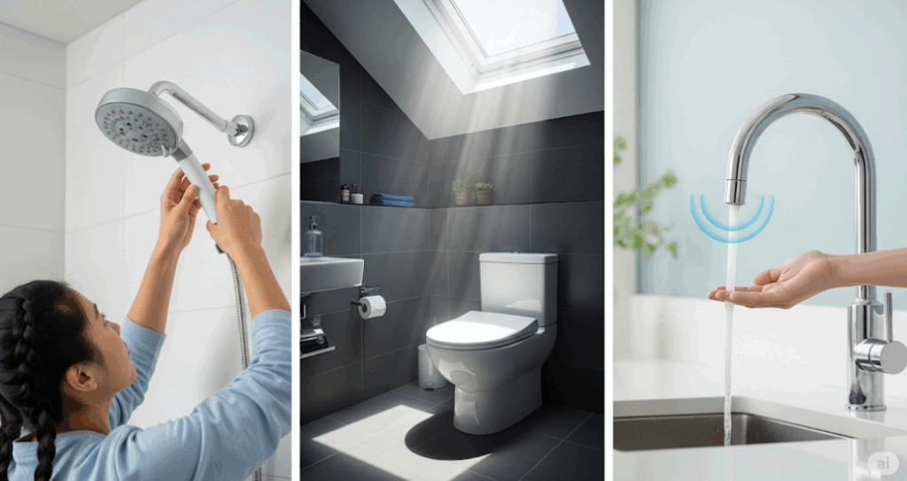 Low-flow showerhead installation, modern dual-flush toilet, and touchless water-efficient faucet.