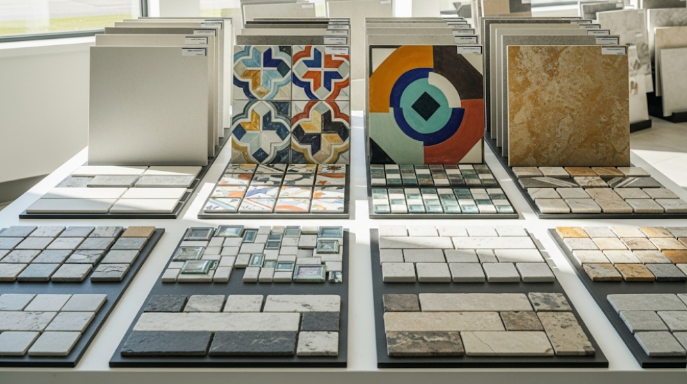 Various types of bathroom tiles including porcelain, ceramic, mosaic, and natural stone arranged for selection.