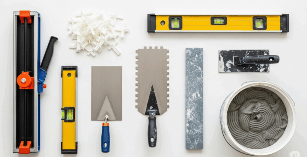 Essential bathroom tile installation tools like a tile cutter, trowel, spacers, and level.