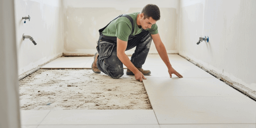 Bathroom floor being prepared for tile installation with cement board and clean surface.