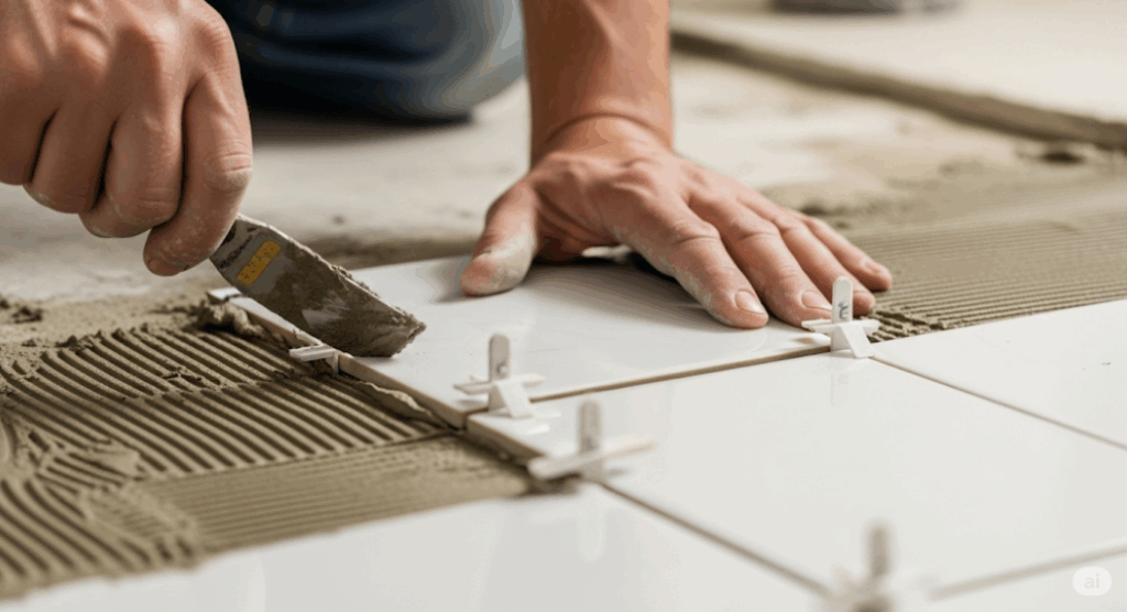 Applying mortar and installing tiles using spacers on a bathroom floor.