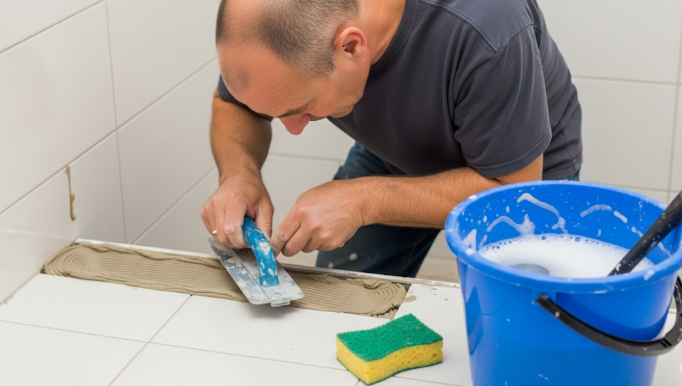 Grouting bathroom tiles with a float and cleaning with a sponge.