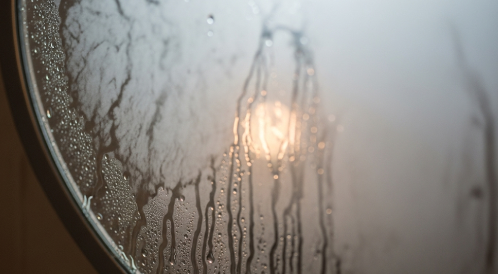 Foggy bathroom mirror showing high moisture and lack of ventilation.