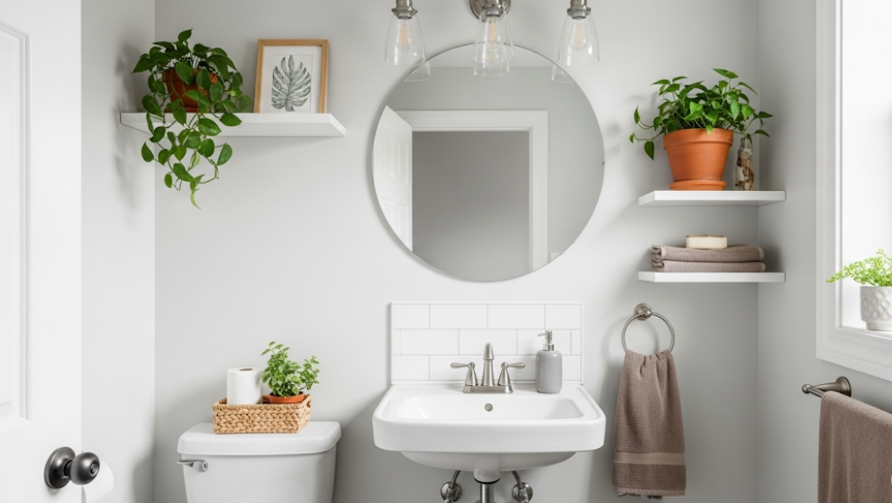 Small, modern, and affordable bathroom remodel with clean white walls and updated vanity.