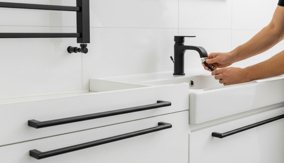 Installing modern matte black fixtures as an affordable bathroom upgrade.