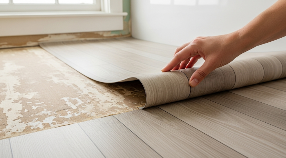 Applying peel-and-stick vinyl flooring to update an old bathroom floor.