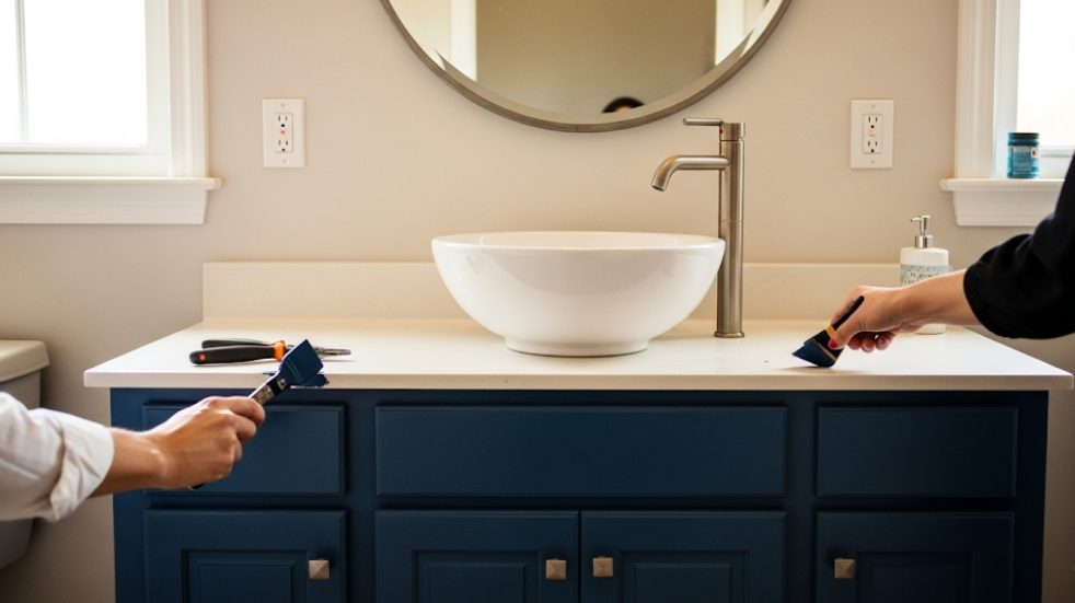 Affordable vanity makeover with new paint, a bowl sink, and a framed mirror.