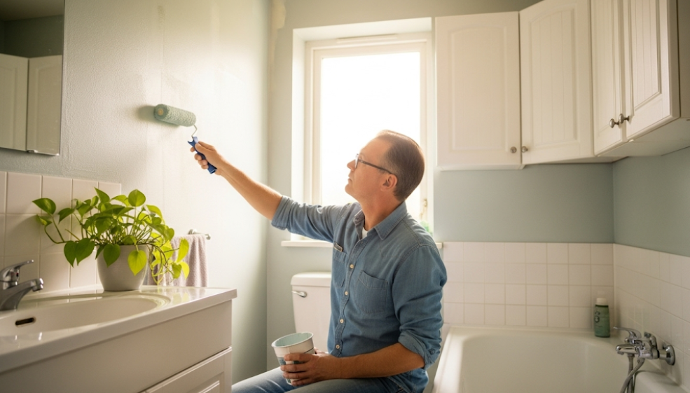 Painting a bathroom wall with light blue paint for a fresh and budget-friendly update.
