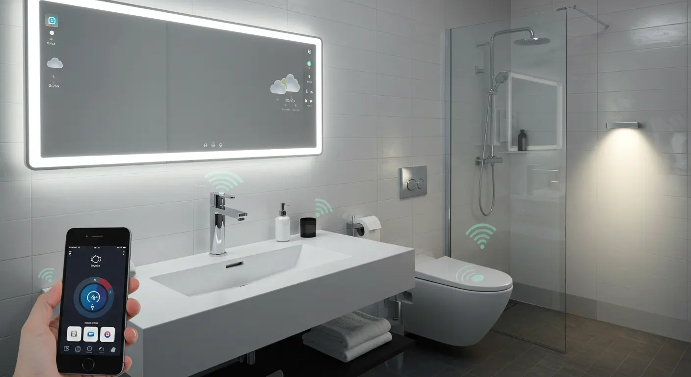 Modern smart bathroom with digital mirror, touchless faucet, smart toilet, and smart lighting in a stylish and minimal design.