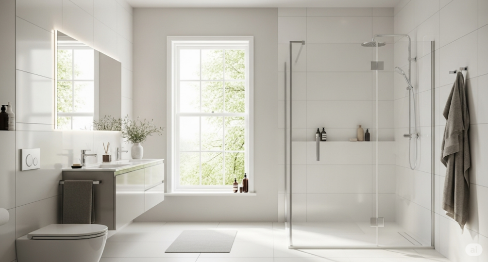 Modern bathroom featuring a sleek walk-in shower with natural light and minimalist design.